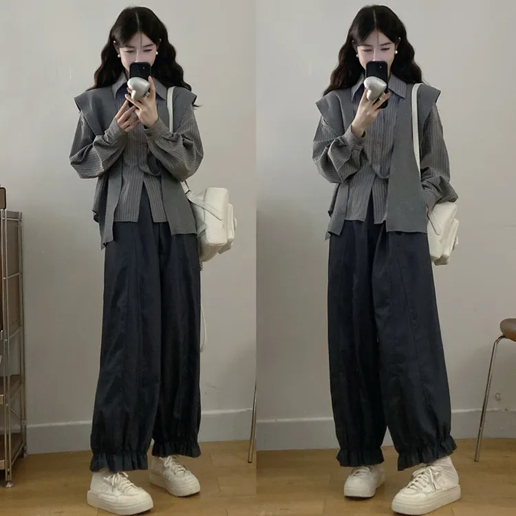 大码胖mm秋冬新款韩版条纹衬衫披肩洋气显瘦灯笼裤三件套装女