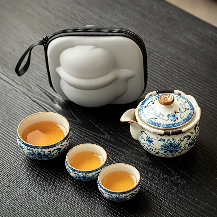 【陶享】青花汝窑旅行茶具套装一壶三杯便携式陶瓷户外露营YS463