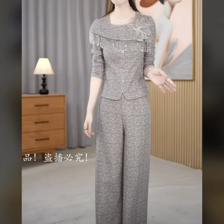【上衣+裤子】2025秋季新款洋气方领时尚通勤显瘦长袖两件套套裤