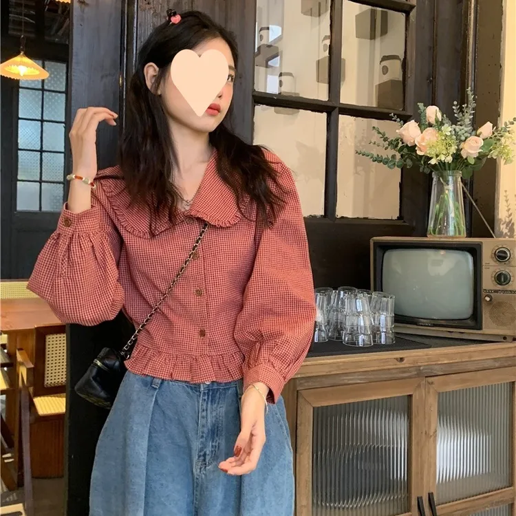 成人韩系领木耳边设计格子娃娃长袖秋季衬衫2025新款宽松甜美可爱