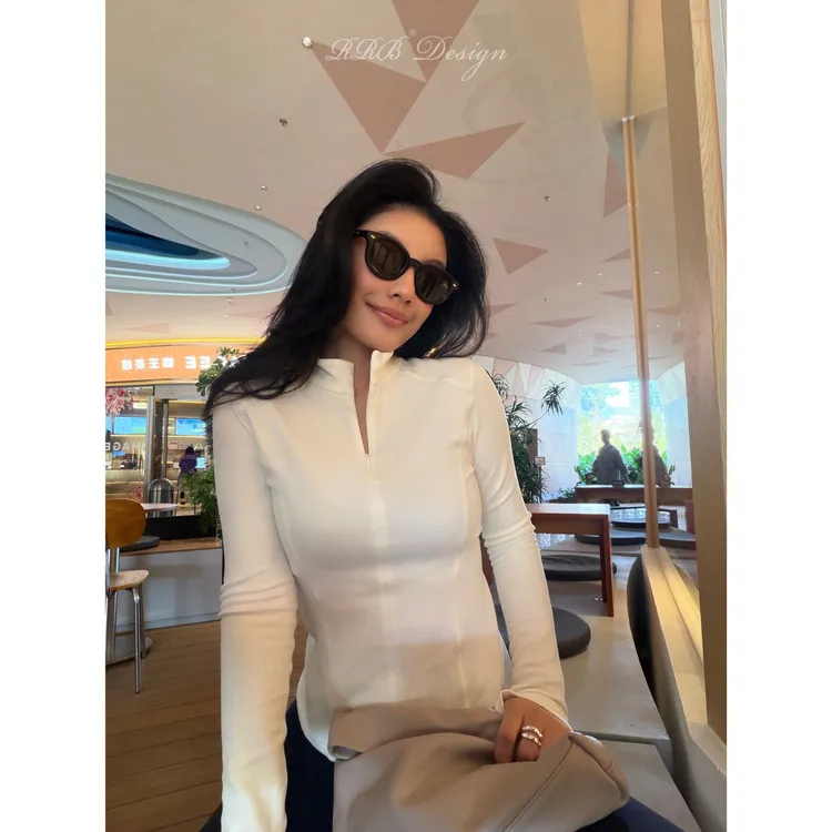 RRB Design 绵羊毛混纺双面磨毛修身显瘦半拉链立领高弹长袖上衣