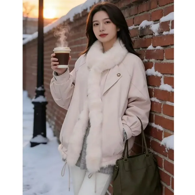 毛领外套韩版气质时尚百搭保暖大衣冬季新款保暖加厚粉色派克服