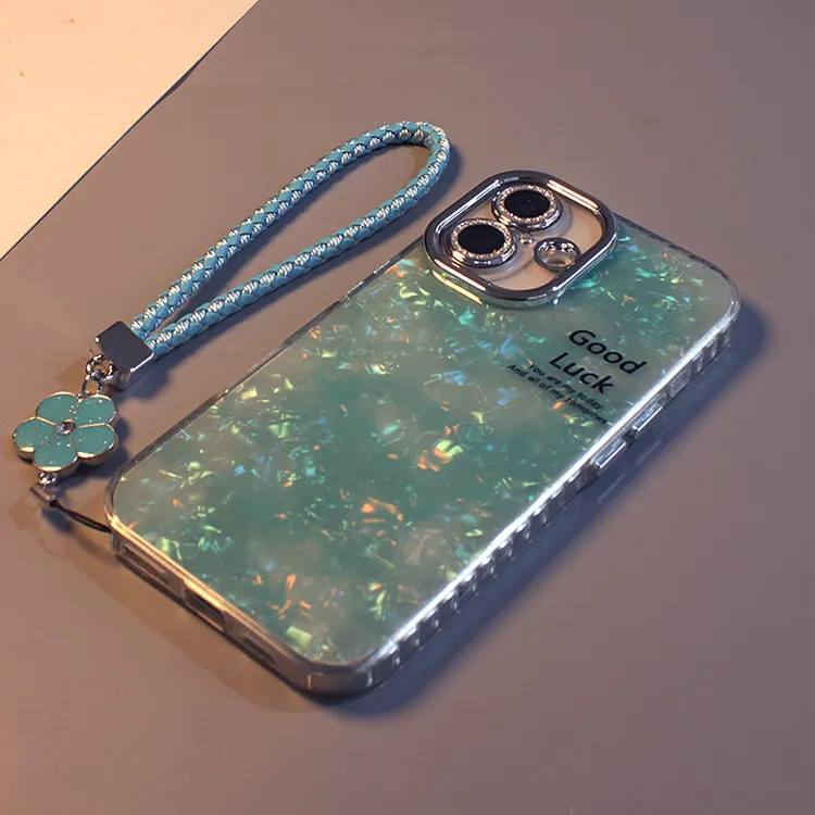 贝壳纹绿色晕染适用苹果16promax手机壳15全包镜头iPhone14防摔13