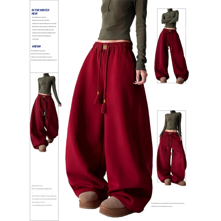 美式巨好看卫裤女圣诞红冬季新款重磅撞色弯刀裤高级感休闲阔腿裤