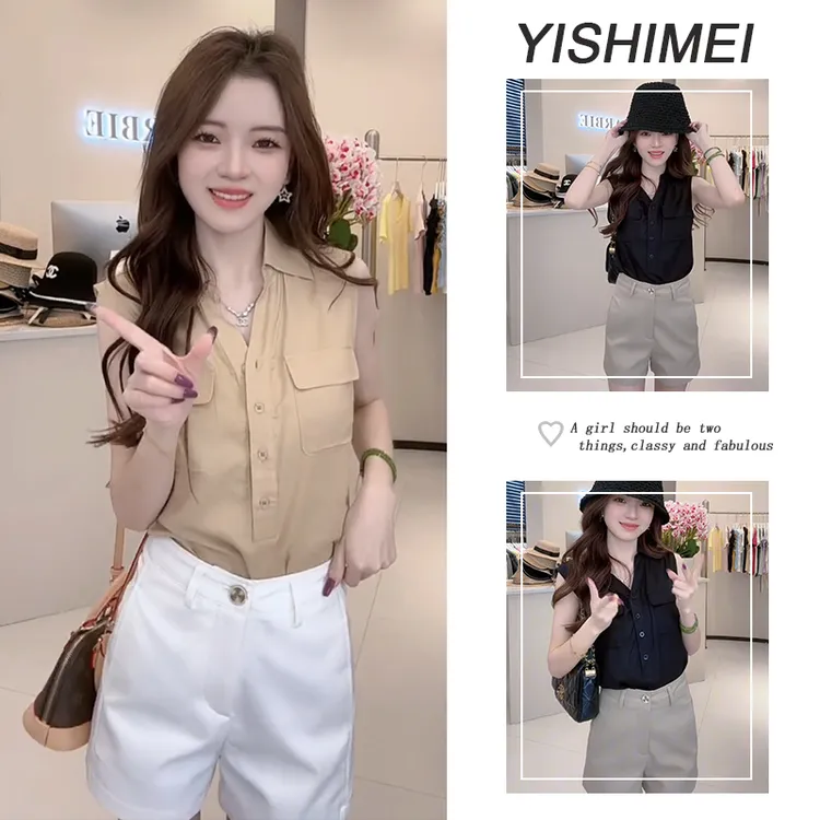 今年流行一整套2025年夏季新款简约韩系百搭上衣高腰短裤两件套装