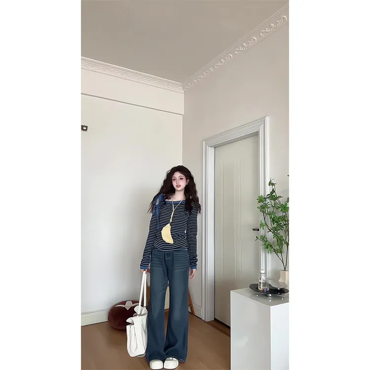 2025新款女士早春季斜肩型蓝色条纹一字领长袖T恤上衣高腰阔腿裤