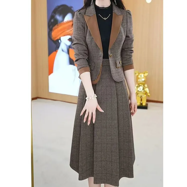 A021#高档气质两件套连衣裙女秋装新款时尚优雅减龄中长款裙子