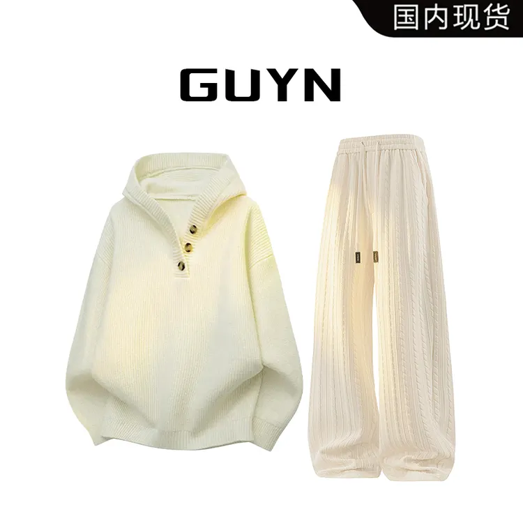 【品牌现货】GUYN美式连帽毛衣男款春秋季宽松高级感情侣针织衫外套