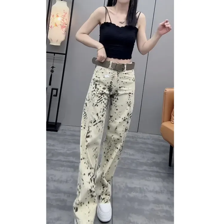 春季高腰休闲牛仔裤女夏季洋气百搭显瘦宽松豹纹弯刀阔腿牛仔裤