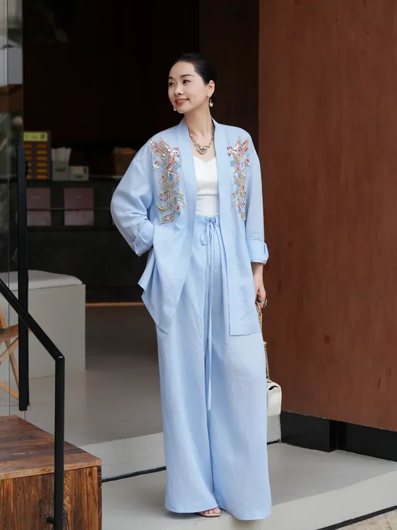 爱妃原创【朱冠锦鸿】新中式套装中重手工宽松夏款两件套86729