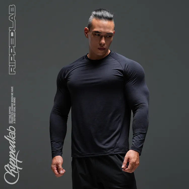 撕裂组织秋冬锦氨3.0高弹训练拼接插肩长袖健身运动吸汗透气速干