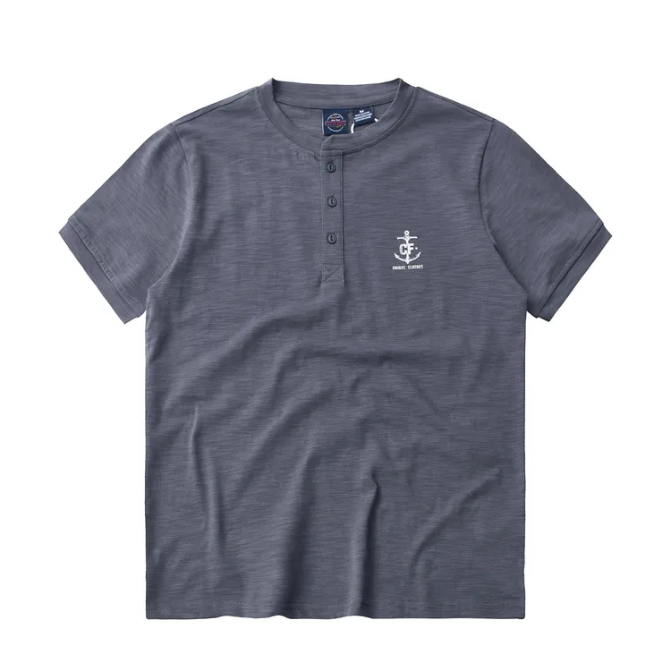 阿美咔叽复古纯棉竹节棉亨利领t恤男白色短袖T恤肌理感透气亨利衫