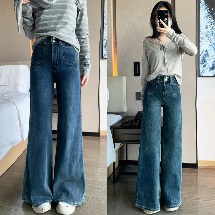 小个子复古蓝微喇牛仔裤女秋冬加绒双扣高腰显瘦垂感百搭阔腿长裤