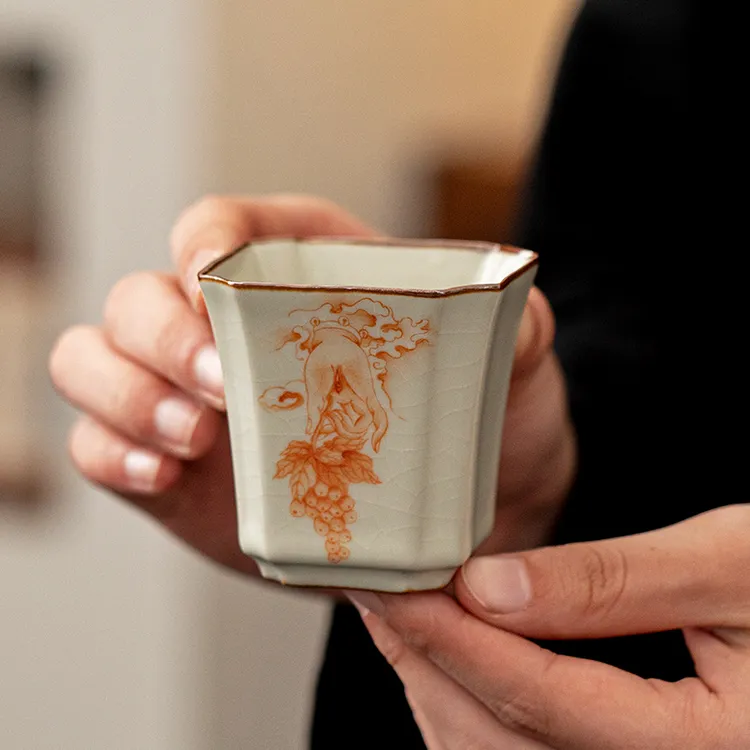 手绘手写米黄汝窑大号主人杯专用个人杯开片可养茶盏可定制