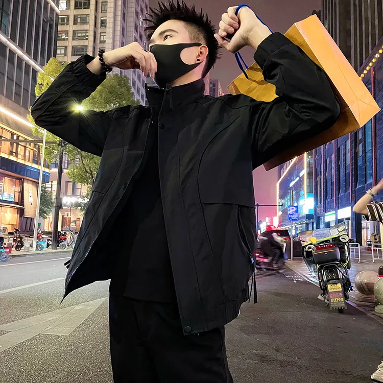 设计感潮牌痞帅拼接夹克男款立领外套美式潮流短款工装男装褂子潮