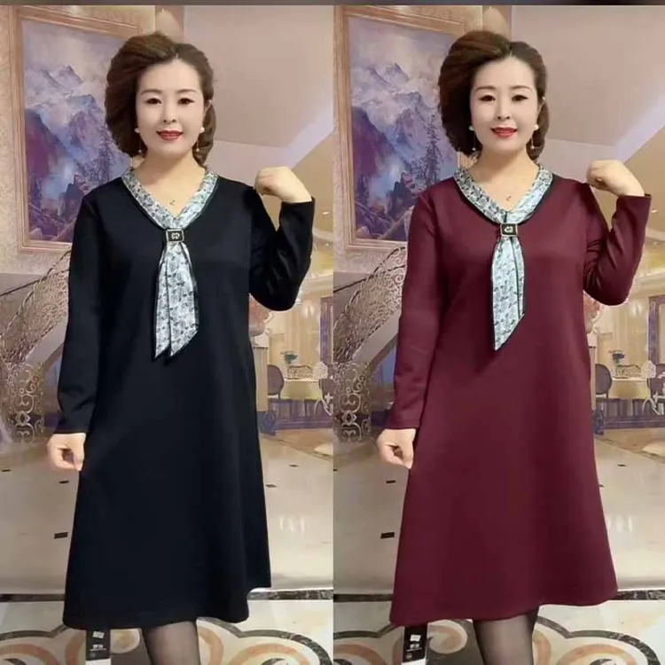 秋季新款时尚飘带连衣裙妈妈2025气质时尚遮肉显瘦口袋中长款裙子