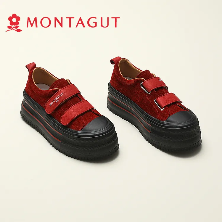 MONTAGUT增高魔术贴女2025秋新时尚厚底休闲舒适松糕板鞋