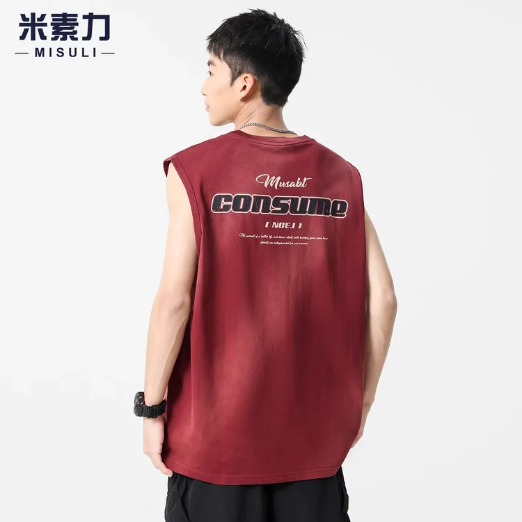 2025新款印花无袖T恤男健身运动坎肩背心男夏季美式高街纯棉汗衫