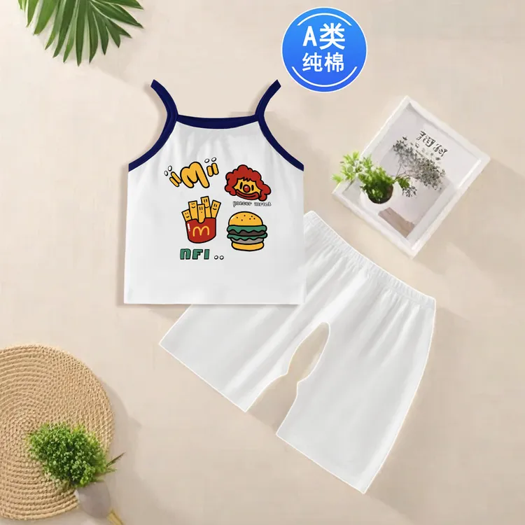 夏天新款纯棉吊带男童小童2025夏季无袖a类宝宝透气卡通开裆套装