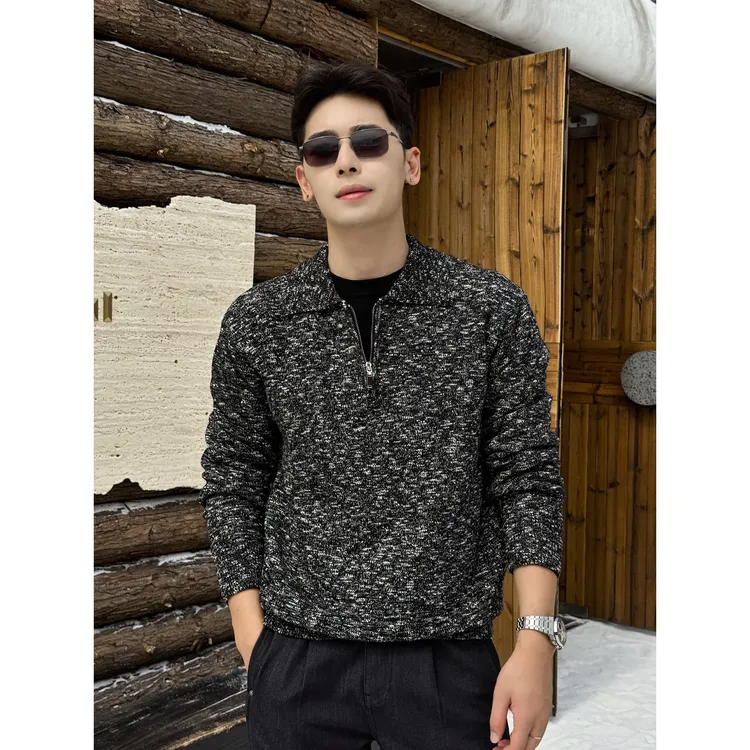 复古老钱风「羊毛花纱混纺」秋冬肌理感毛衣半拉链撞色男士针织衫