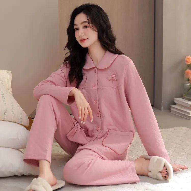 睡衣女款秋冬款100%纯棉夹层空气棉春秋款2025新款粉色家居服冬季