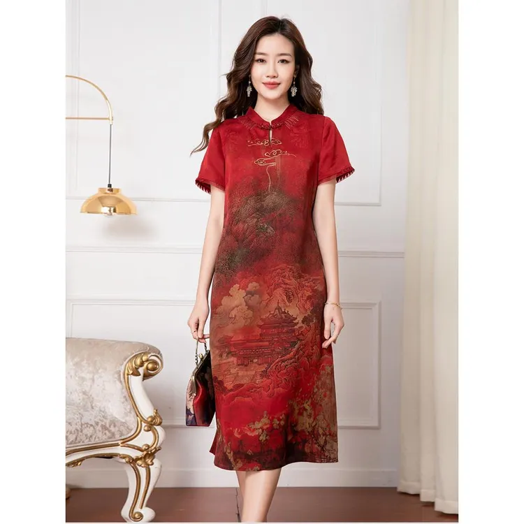 喜婆婆婚宴装真丝旗袍红色妈妈婚礼服日常可穿香云纱连衣裙桑蚕丝