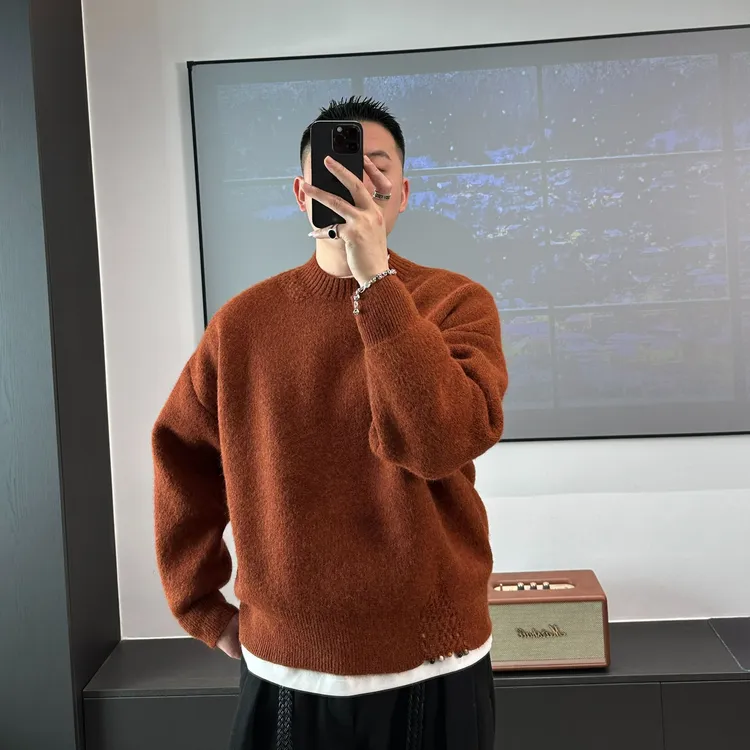 CHUJIE韩版美丽诺羊毛混纺玛瑙装饰圆领毛衣男松弛感针织毛衣