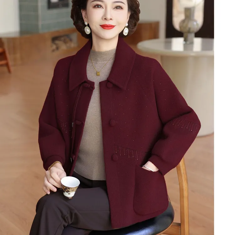 中老年女装秋季新款翻领毛呢外套妈妈秋装2025年洋气气质开衫上衣