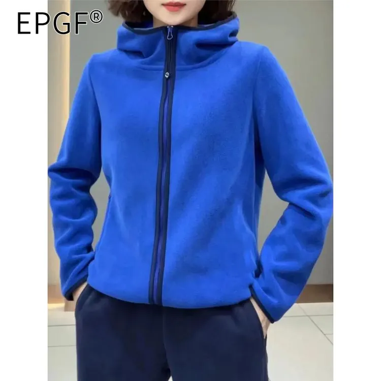 EPGF双面摇粒绒连帽卫衣女2025秋冬新款休闲时尚撞色开衫外套女潮