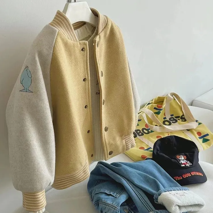 圆领春季儿童纯色森系女拼色外套秋冬春装中小童男童洋气棒球服