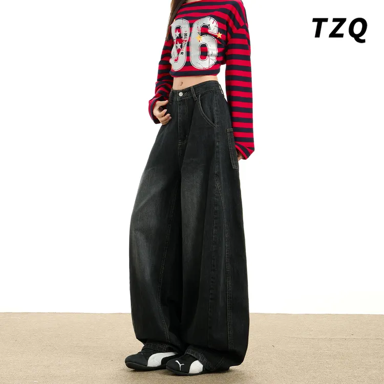 黑色弯刀牛仔裤女秋新款高腰宽松显瘦慵懒风镰刀阔腿裤TZQ2591534