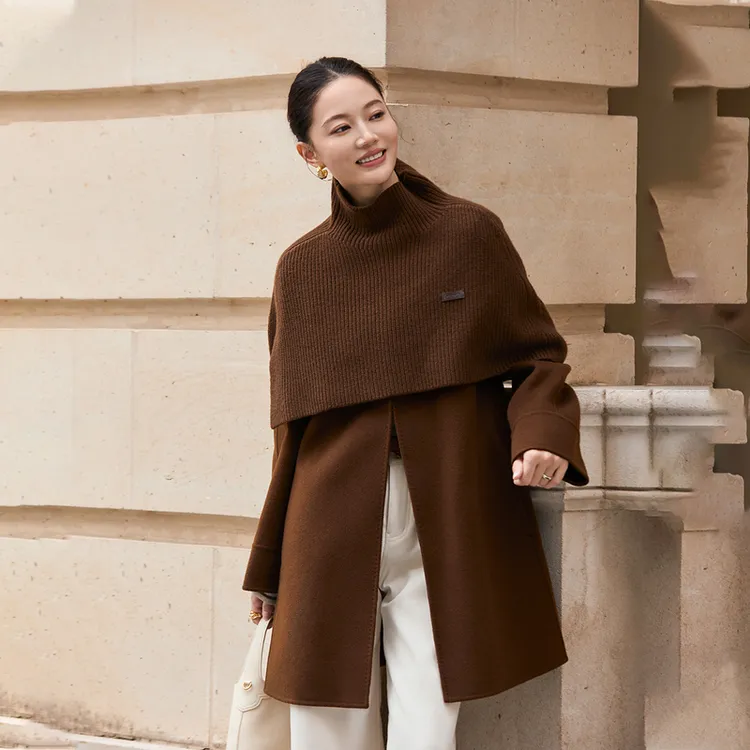 EP雅莹女装早秋新品 气质绵羊毛大衣可脱卸披肩毛呢外套8327A