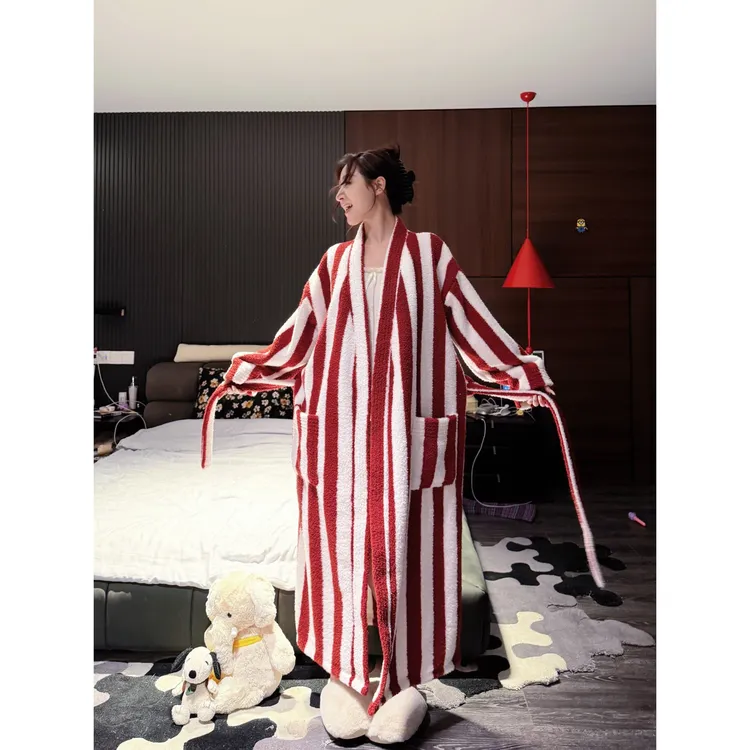 DOUBLEOO海岛绒睡袍加睡裤冬天加厚珊瑚绒条纹情侣长款无领