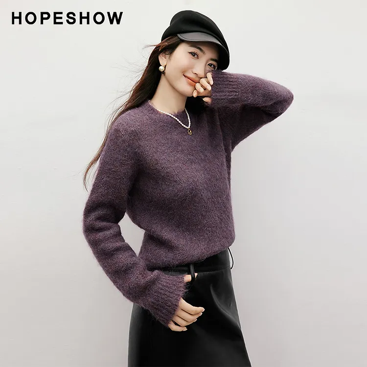 【羊驼毛】红袖2025冬新款女装复古风落肩圆领套头毛衫90125450106