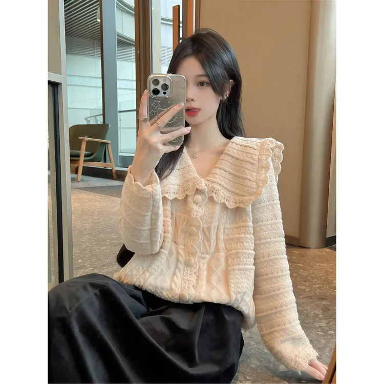 奶系穿搭海军领奶fufu的毛衣外套女针织开衫早秋冬独特上衣超好看