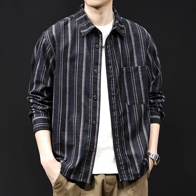 高端日系黑色条纹衬衫男士外套2025春季新款宽松休闲长袖衬衣男款