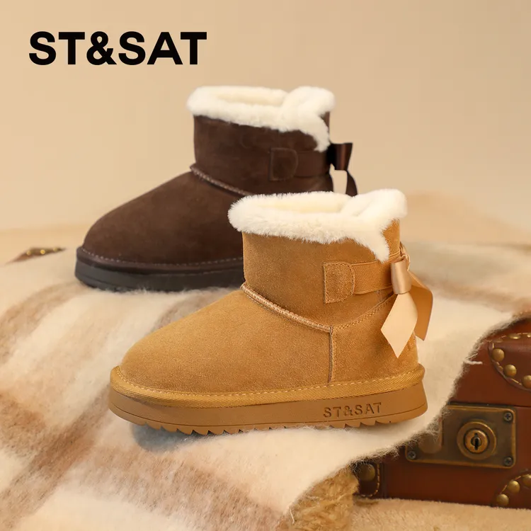 星期六童鞋通用蝴蝶结休闲风男女雪地靴冬季大棉厚绒保暖短靴