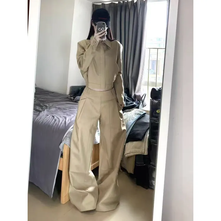 复古老钱风卡其色夹克短款外套翻领上衣女秋季高腰显瘦阔腿裤套装