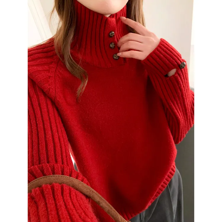 3441【540g正版加厚三粒扣】秋冬新款宽松高领长袖针织衫女毛衣