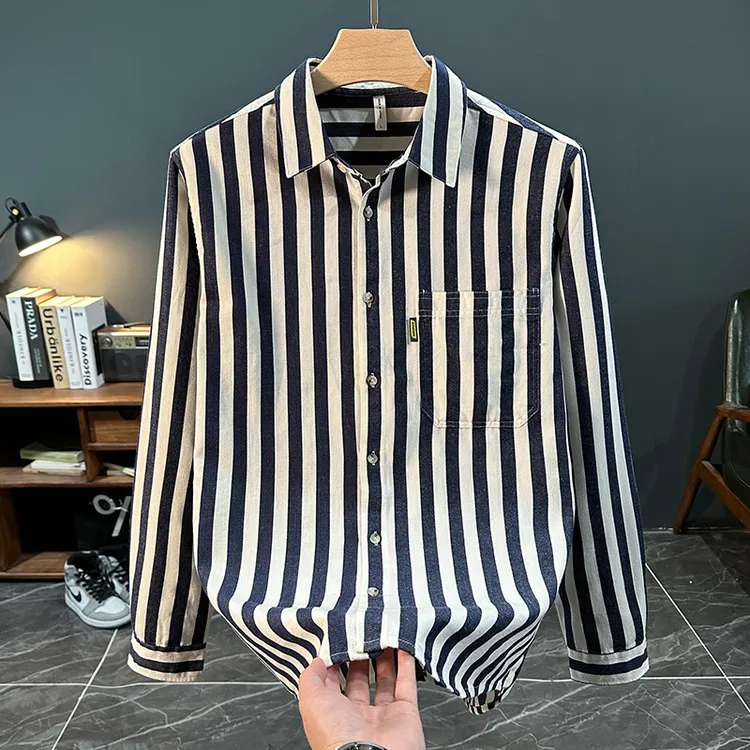 轻奢日系复古条纹衬衫男长袖春秋潮流百搭宽松上衣休闲帅气外套潮