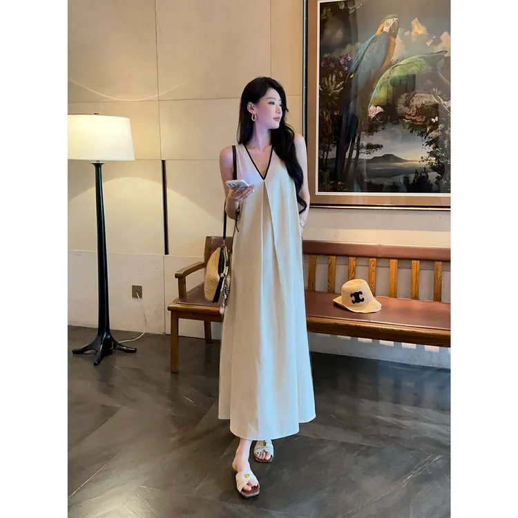 JIJINQI法式慵懒简约撞色无袖V领连衣裙夏韩系背心裙JD07LZXL889