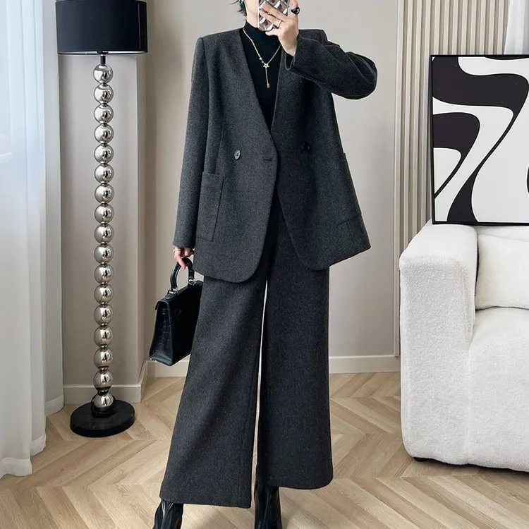灰色时尚简约通勤套装女2025秋冬季宽松干练西装外套阔腿裤两件套
