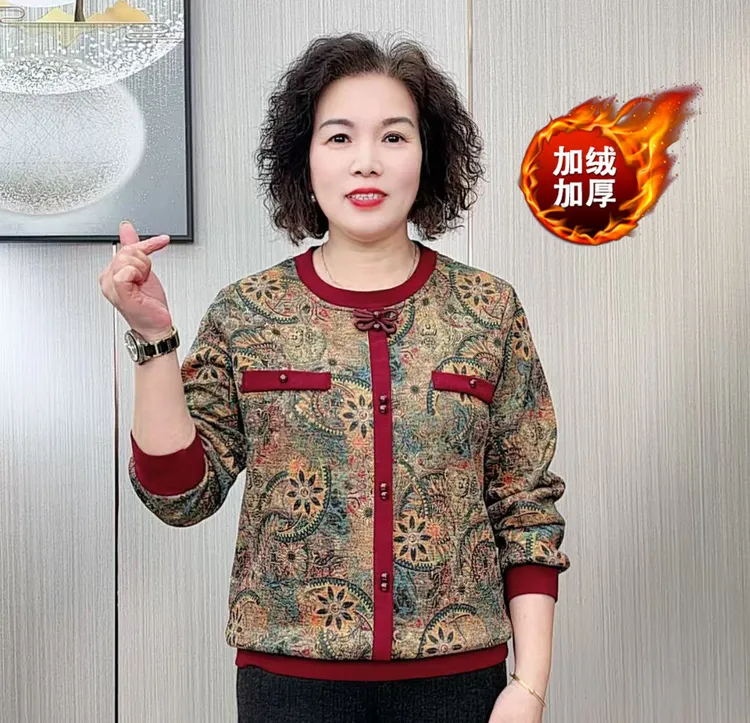 2025冬季新款中老年洋气圆领加绒上衣女时尚蝴蝶结百搭妈妈装保暖