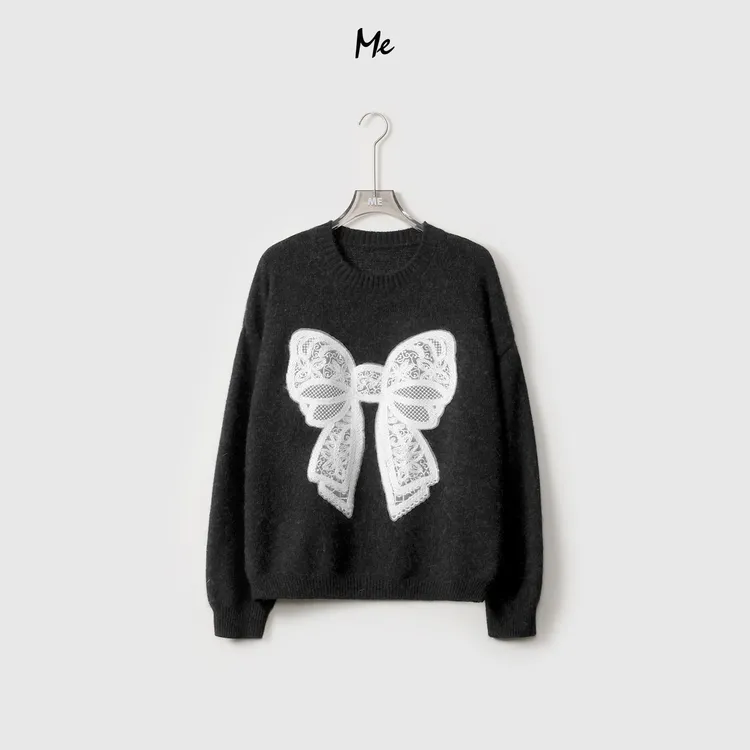 ME【蕾丝蝴蝶结】绵羊毛兔毛混纺拼接针织上衣罗纹圆领毛衣MEQA3960