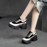 春秋复古牛皮拼色厚底高跟单鞋女真皮系带增高休闲女鞋K4-8268