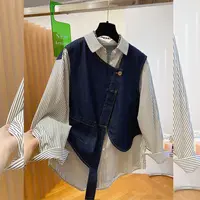 早春新款牛仔拼接衬衫外套上衣女装胖MM大版宽松复古衬衣百搭潮流