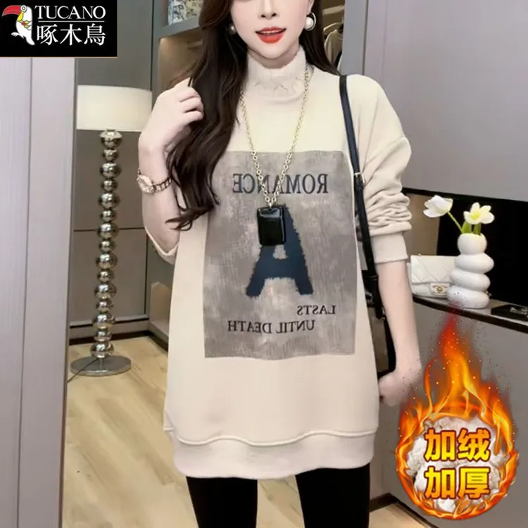 啄木鸟正品半高领中长款印花上衣女2025新款爆款秋冬加绒加厚卫衣