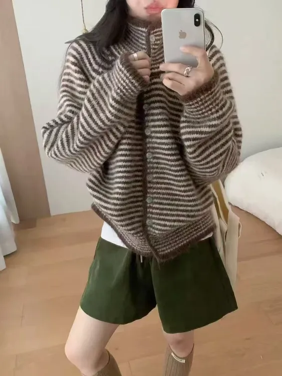 毛针织衫ins条纹慵懒风高领毛衣开衫常规翻领针织