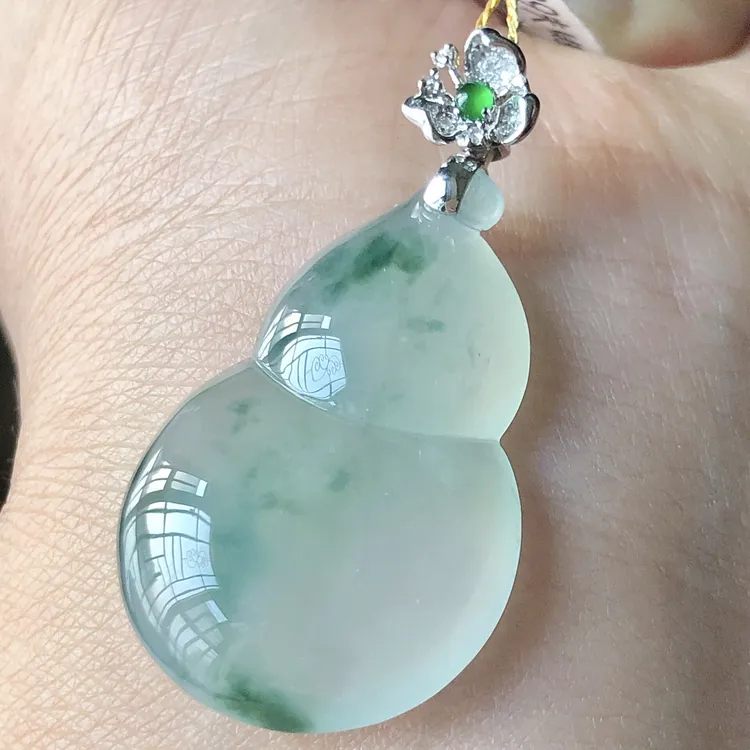 缅甸天然A 货翡翠18k金冰种飘花葫芦尺寸38.3/20.6/5.7女士冰透