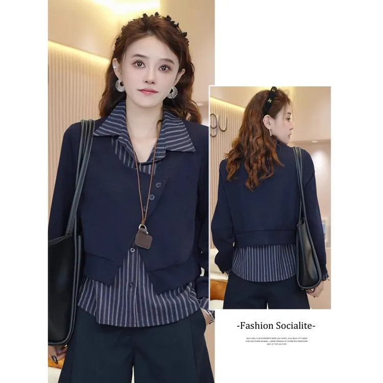 拉夏贝尔时尚气质假两件衬衫女秋季2025年新款设计感宽松显瘦上衣
